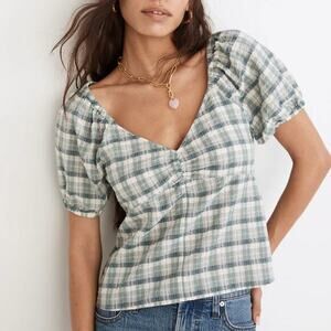 New! Madewell Plaid Puff-Sleeve Ruched Bodice Top, women's‎ size XS